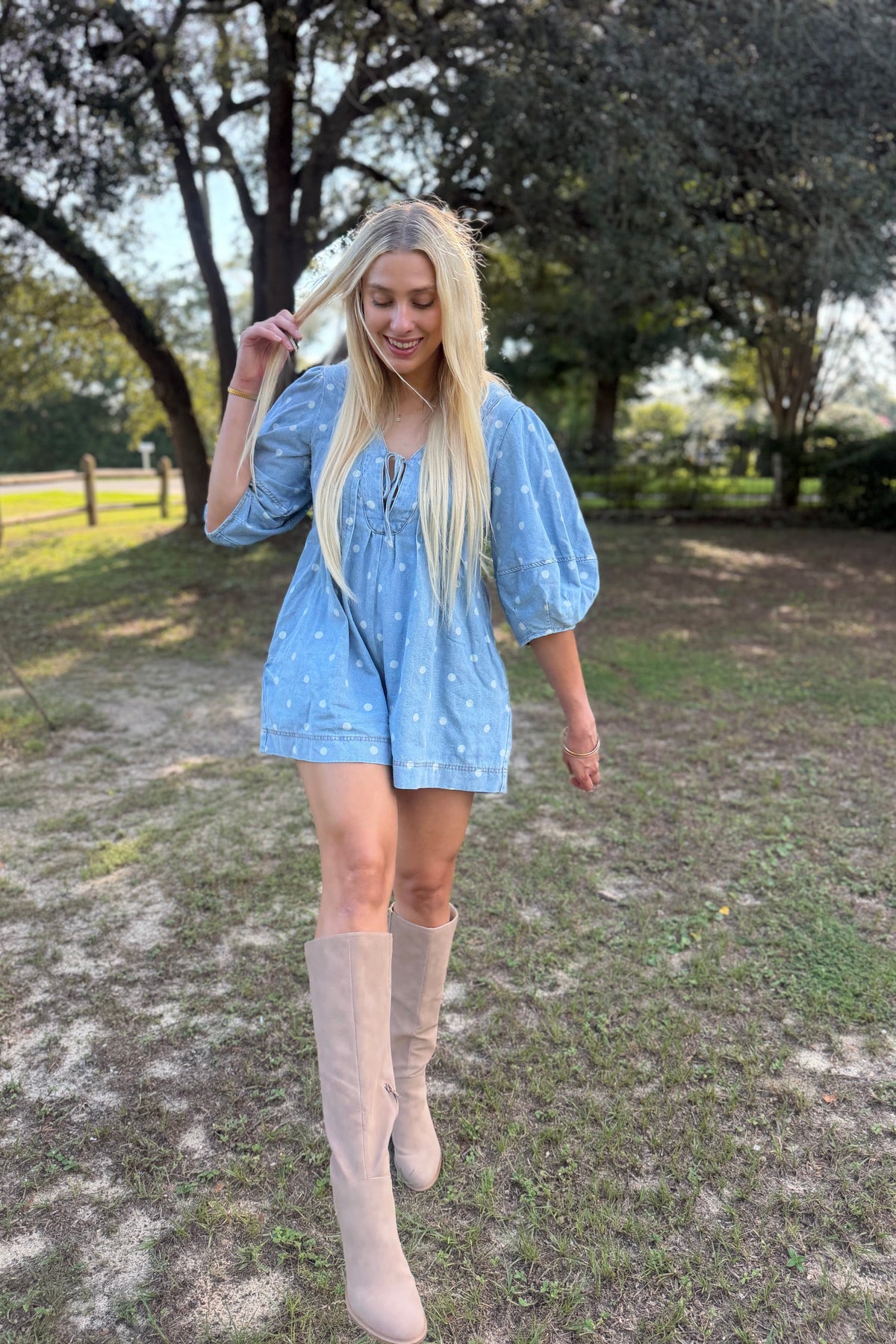 Parisian Polka Dot Denim Romper