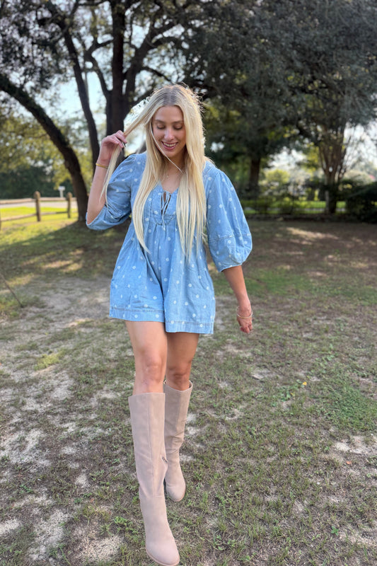 Parisian Polka Dot Denim Romper