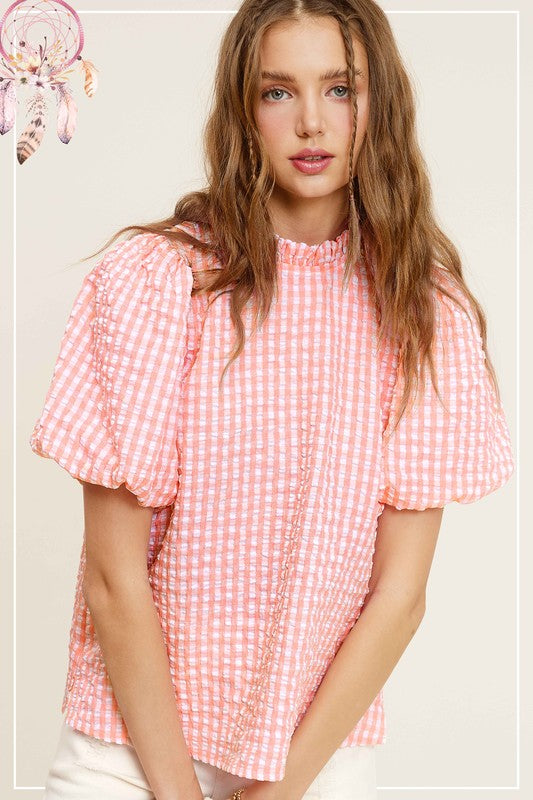 Gingham Check Print Puff Sleeve Top