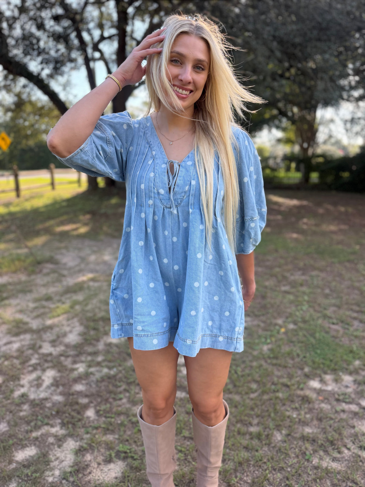 Parisian Polka Dot Denim Romper